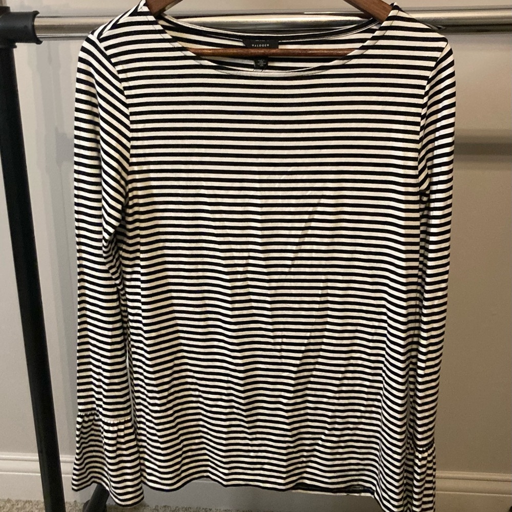 Halogen Black and White Striped Long Sleeve Top